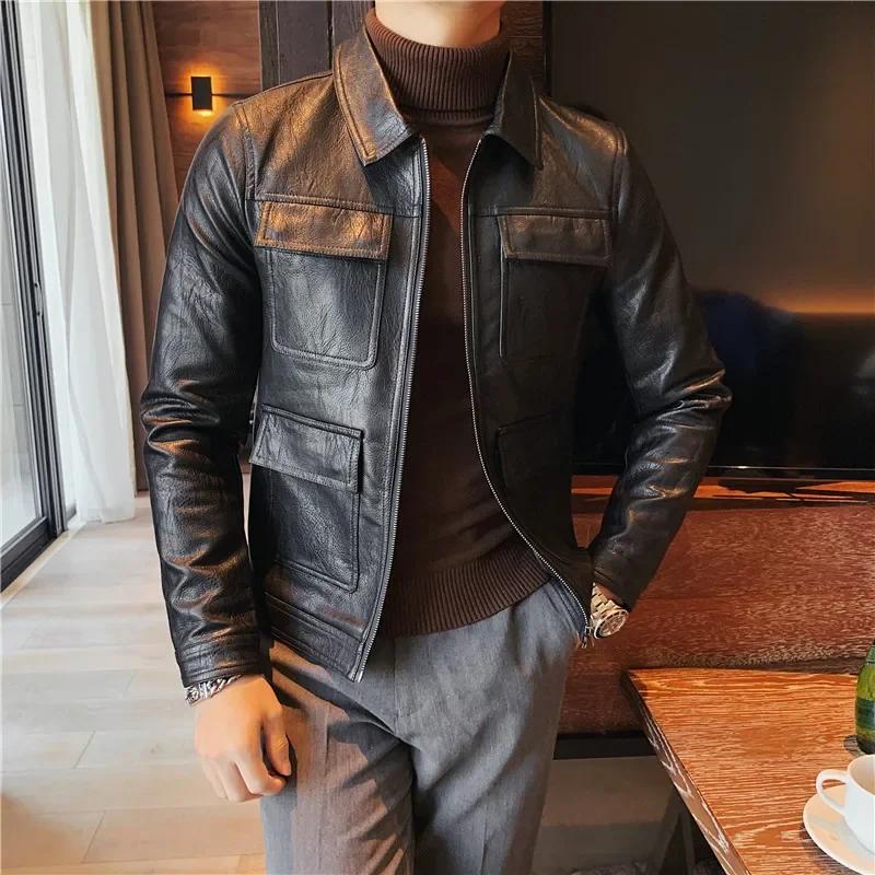 Autumn Winter Leather Jackets Men Fashion Lapel Motorcycle Jacket Casual Business Streetwear Social PU Leather Coats