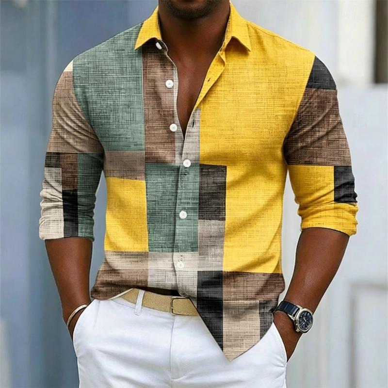 Men's Collar Long Sleeved Shirt with Color Block Splicing and Geometric Printing, Casual Loose Fit Shirt Suitable for Street and