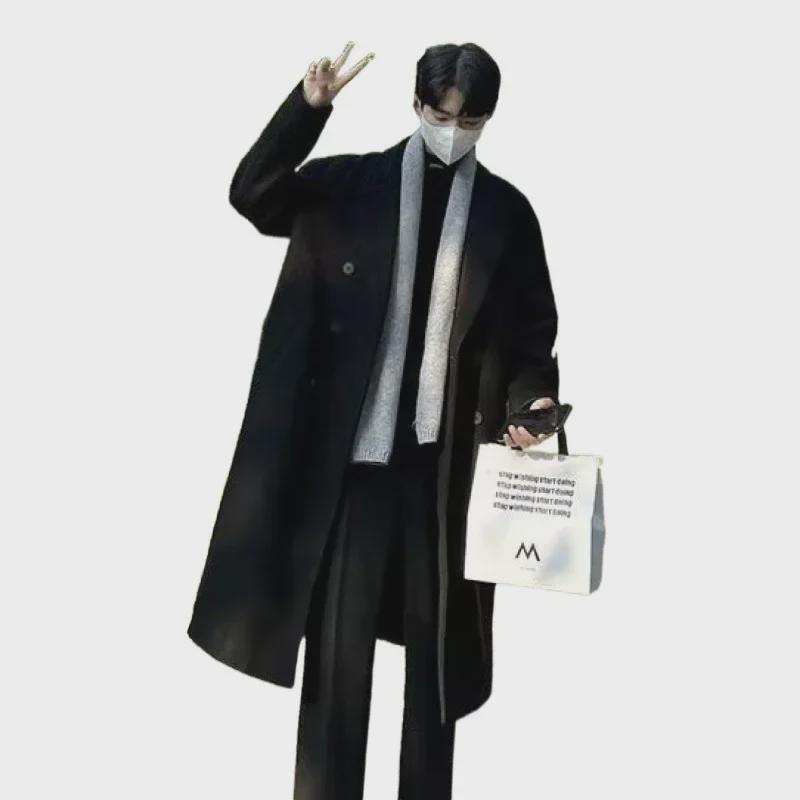 Men's Mid-Length Black Woolen Over-Knee Coat - Trendy Korean Style Windbreaker for Autumn and Winter