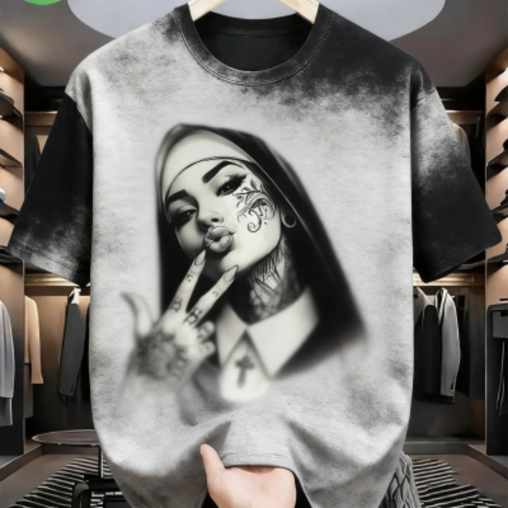 Summer Fashion Black Tattooed Nun Graphic Print Women s T-shirt Summer Casual Loose Short Sleeves Men s and Women s Tees Top XXS
