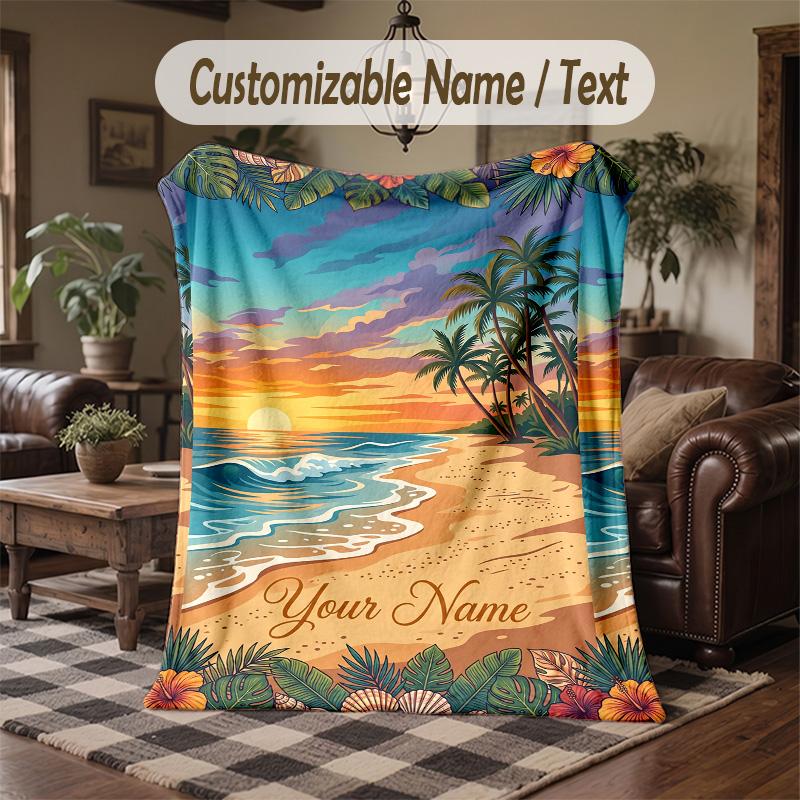Beach Shell Starfish Paradise Theme Throw Blanket Custom Name Text Personalized Blanket Soft Cozy Blanket for Home Sofa Bed