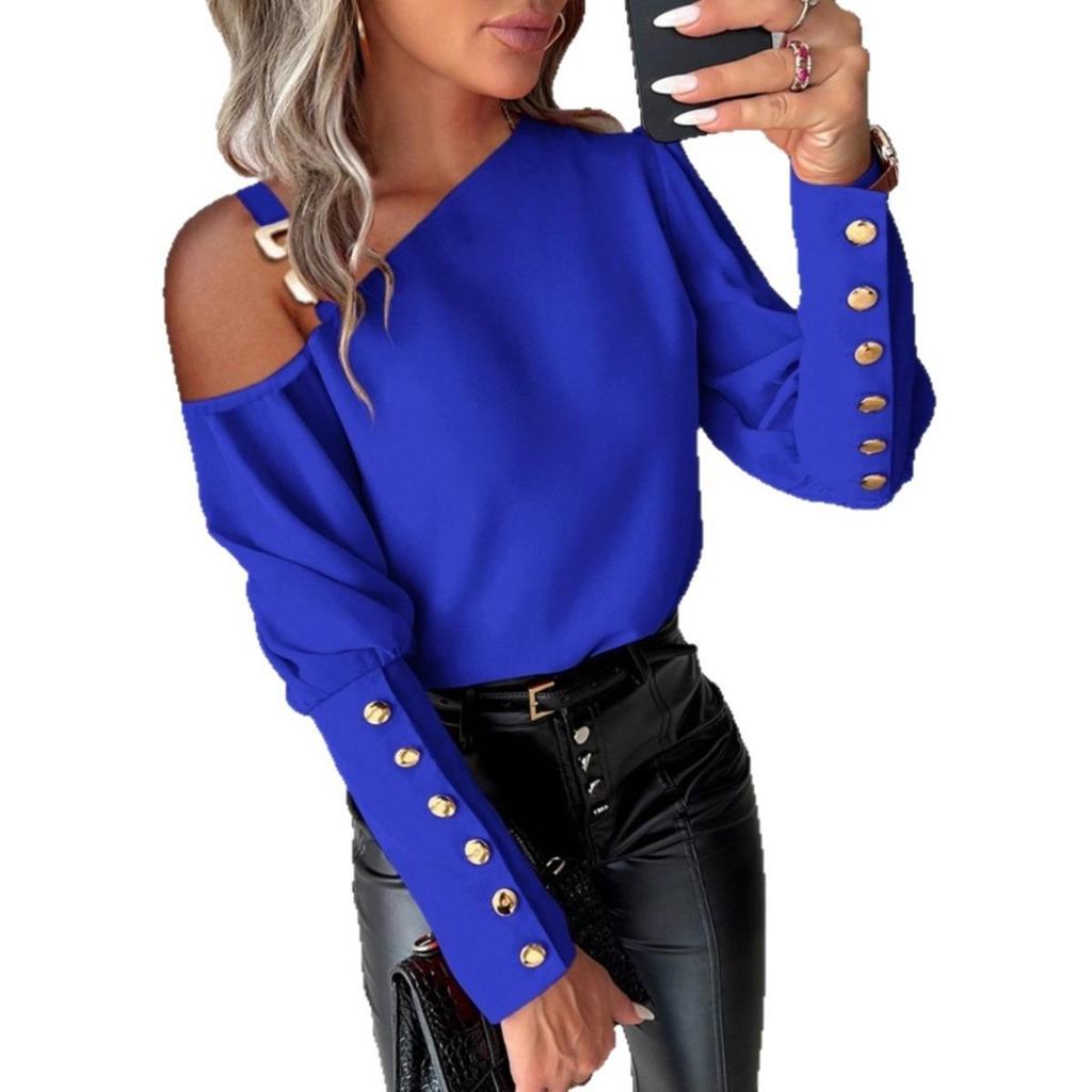 Autumn Winter Solid Color Metal Buckle Button Shirt Blouse for Women