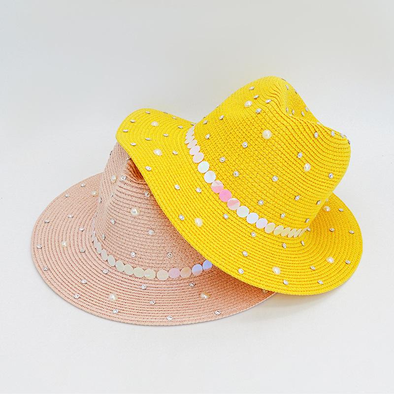 Perle Panama Strohhut Mode Herren und Damen Eingelegter Diamant Pailletten Zylinder Seaside Sonnenschutz Strandhut