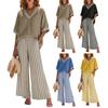 Summer Two Piece Outfit for Women Striped Short Sleeve V Neck Top And Wide Leg Pants Set with Pockets Casual Vacation Lounge Sets