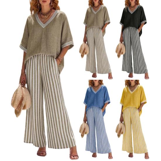 Summer Two Piece Outfit for Women Striped Short Sleeve V Neck Top And Wide Leg Pants Set with Pockets Casual Vacation Lounge Sets