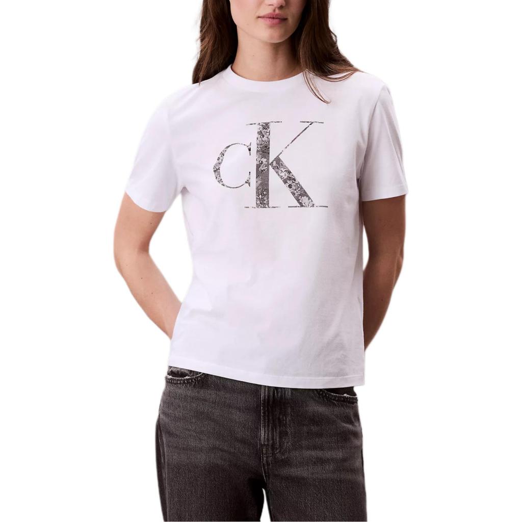 Calvin Klein Letter Floral Soft Breathable Slim Fit Short Sleeve T-Shirt Women T-Shirts Bright-White 478000S-110