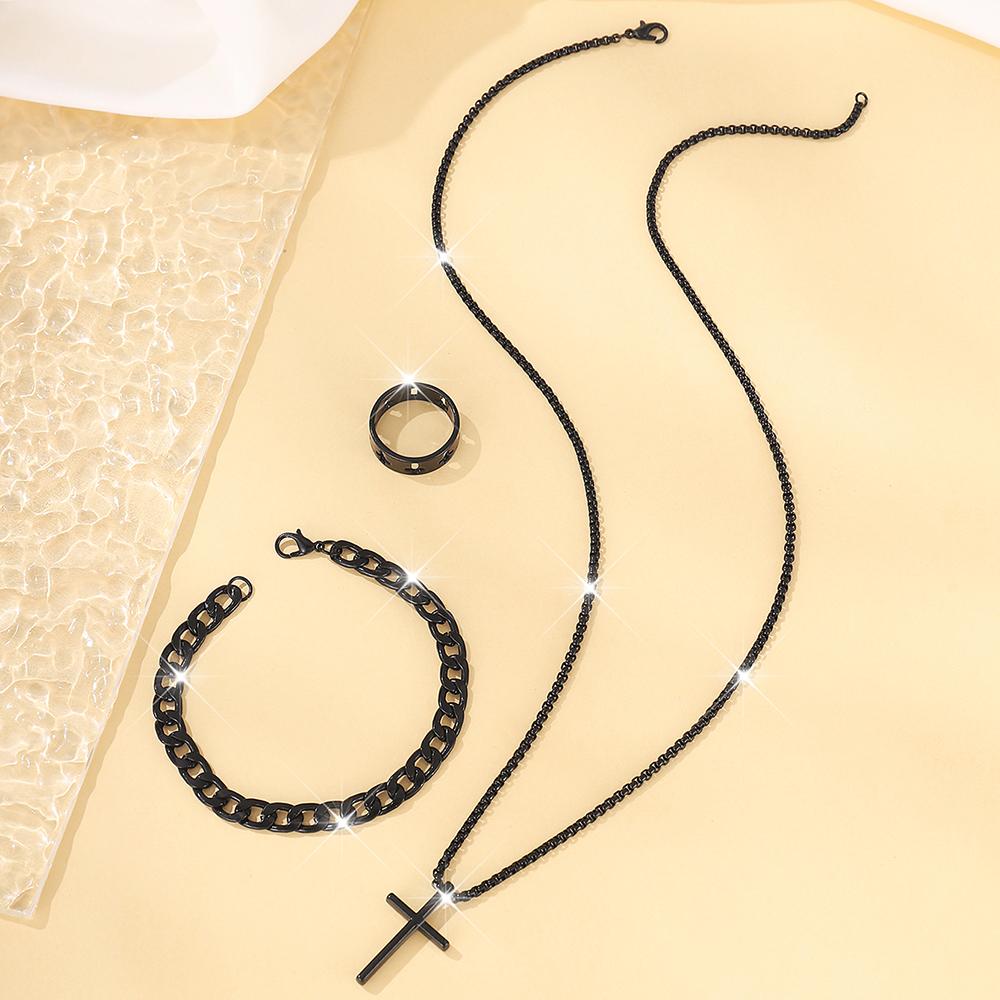 3 Adet Set Erkek Paslanmaz Çelik Metal Haç Kolye Zincir Kolye Bileklik Yüzük Takı Seti Erkek Hip Hop Günlük Giyim Aksesuarları