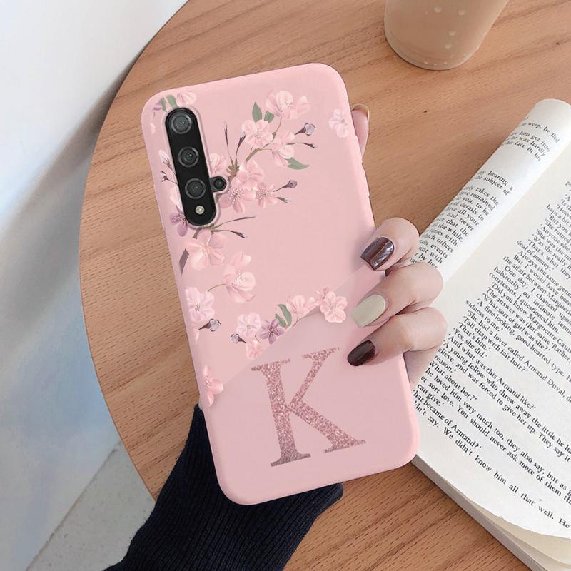 Initial Letter Silicone Case For Huawei Nova 5T Shell Retro Pink Flower Soft TPU Back Cover For Huawei Nova5T Capa Cute Coque