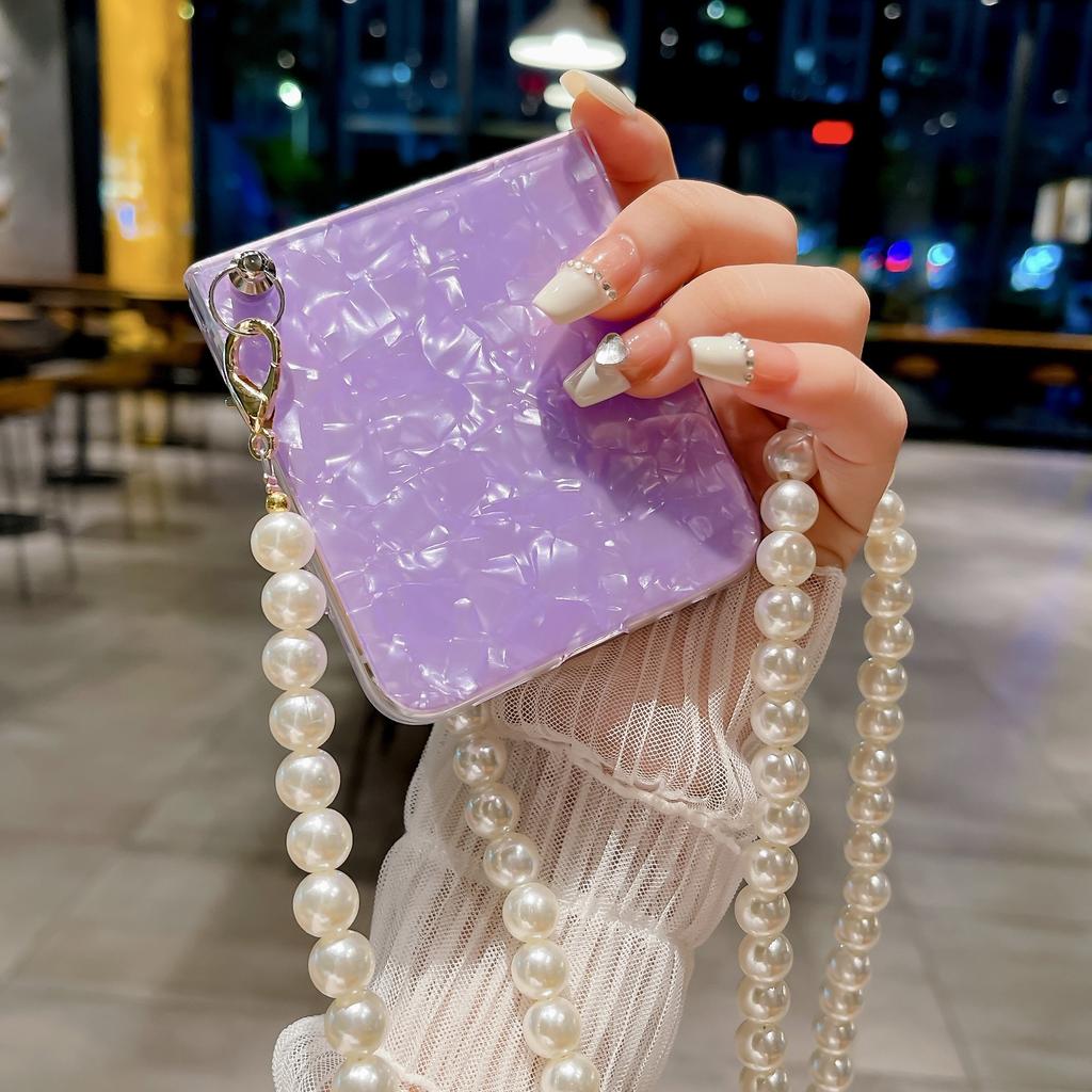 Glitter Shell Pattern Pearl Chain Crossbody telefonveske til Samsung Galaxy Z Flip 5 4 3 Flip5 Flip4 Flip3 5G skulderremdeksel