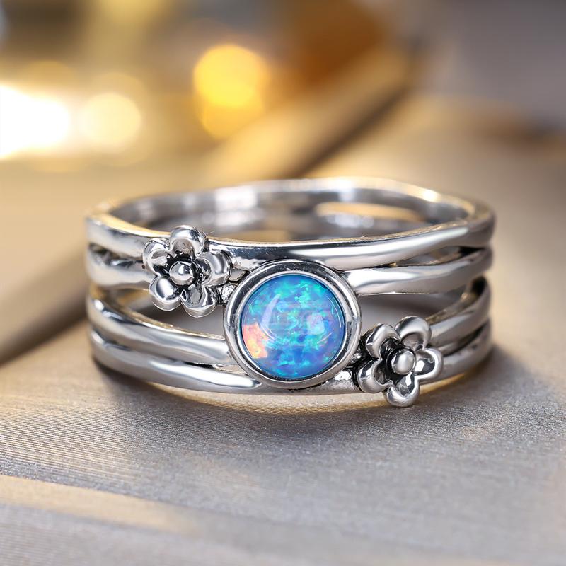 

Кольца с синим круглым огненным опалом и цветком для женщин, винтажные серебряные свадебные украшения в подарок 8
