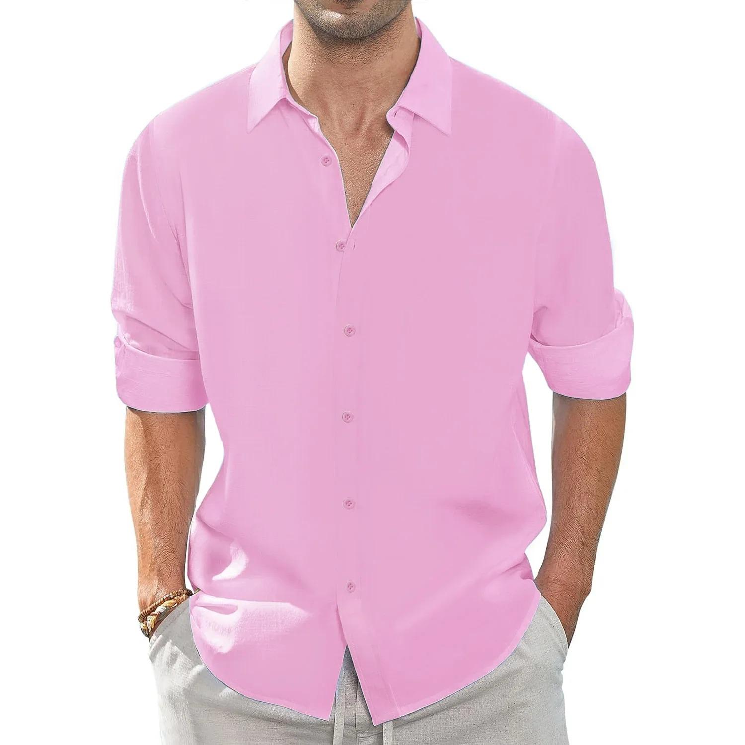 

Осень Новая Мужская Рубашка Повседневная Хлопок Лен Дышащая Базовый Стиль Однобортная Мужская С Лацканами Верх XXXL розовый