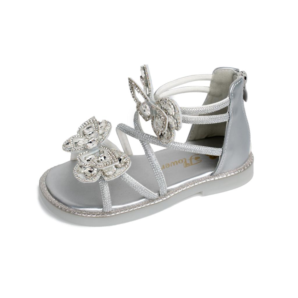 Children Roman Sandals Shiny Glitter Kids Fashion Shoes Butterfly 2025 Summer New Girls Princess Shoes Back Zipper Open Toes