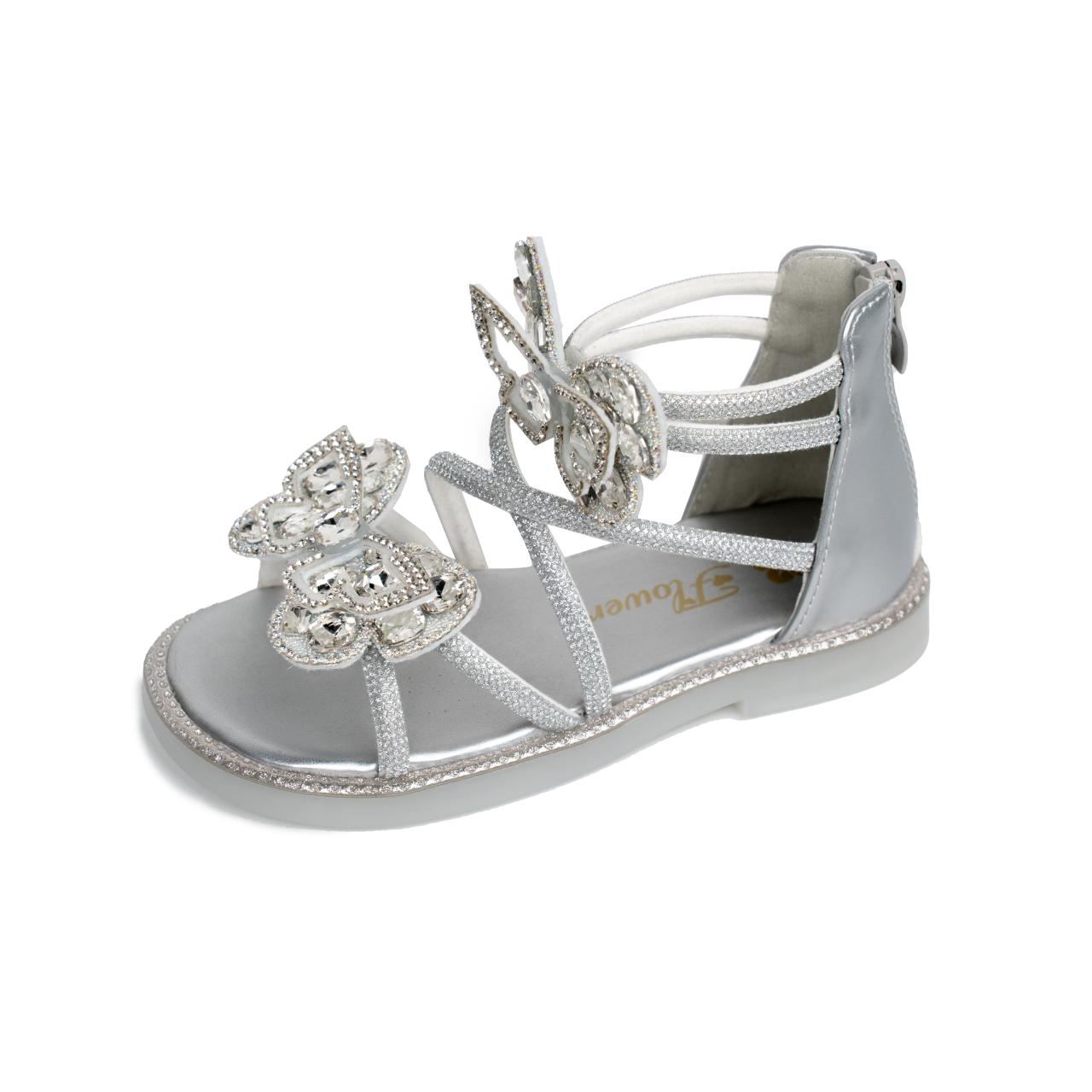 

Детские римские сандалии с блестками, модная детская обувь с бабочкой, лето 2025, новая коллекция, туфли принцессы для девочек, на молнии сзади, с открытым носком 23 серебряный