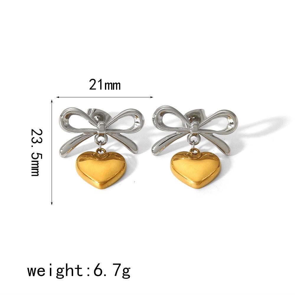 Simple Exquisite Gold Plated Heart-Shaped Pendant Earrings Stainless Steel Bowknot Stud Earrings Suitable For Daily Wearing