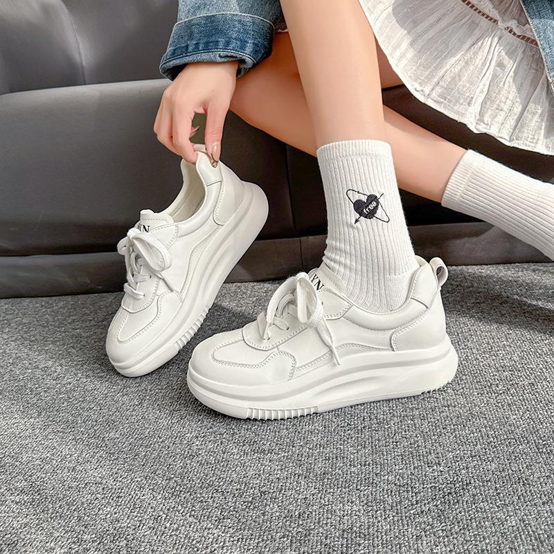 Fashion High Brand 4.5CM Natural Cow Genuine Leather Platform Wedge Causal Autumn Flats Fashion Thick Bottom Women Chunky Sneakers Shoes