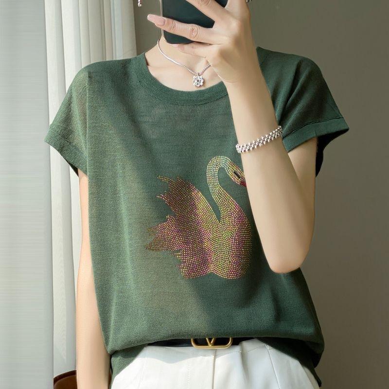 Womens Rhinestone Swan Print Knit T Shirt Casual Short Sleeve Loose Top