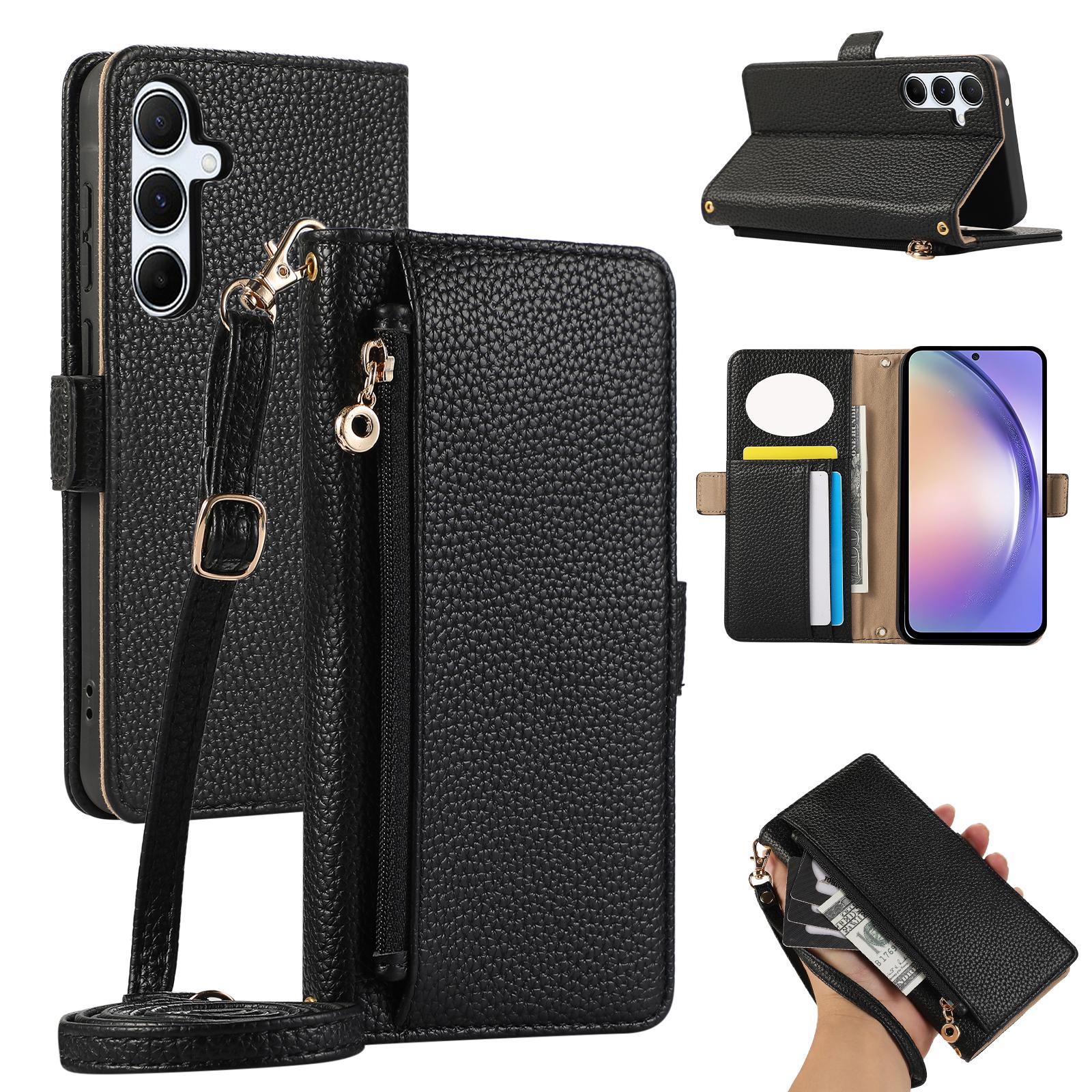 

For Samsung Galaxy A35 5G Wallet Phone Case Shockproof TPU+PU Leather Flip Cover with Mirror,Strap Black