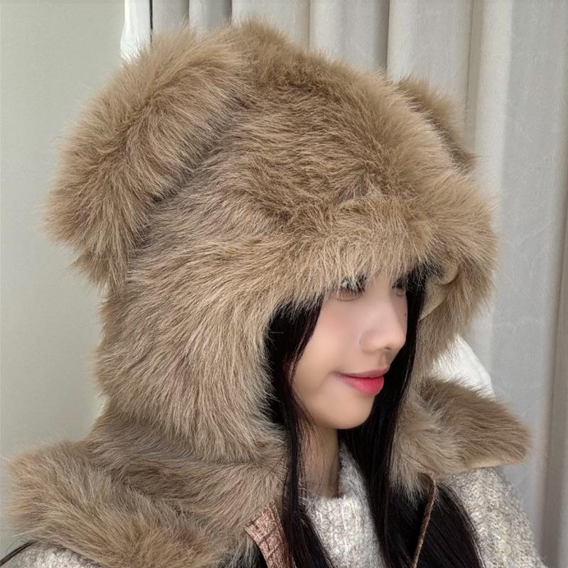 Cute Plush Bear Hat for Women In Autumn and Winter Fashion Thickened Warm Ear Protection Hat Scarf Integrated Windproof Lei Feng Hat