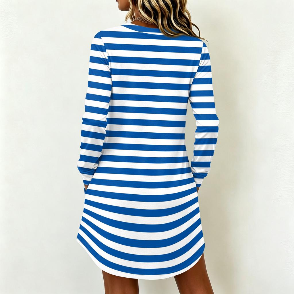 Women's Casual Striped Print Long Sleeve Neck Dress for Everyday Wear