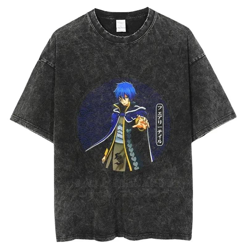 2026 Summer Vintage Washed Fairy Tail Manga Cover Anime T-Shirt Unisex Oversized Streetwear Cotton Short Sleeve Casual Tops