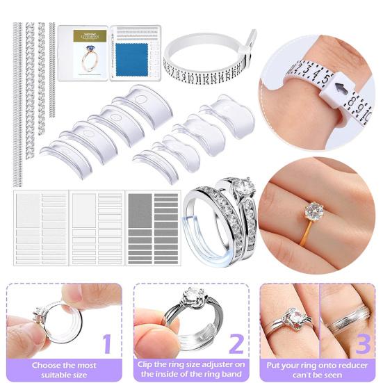 17 ks Zmenšovače velikosti prstenů Volné prsteny Neviditelný Zmenšovač velikosti prstenu Distanční kroužek Zvětšovač prstenu Zásuvné Silikonové Spirály Zpevňovač Sada s Leštícím Hadříkem