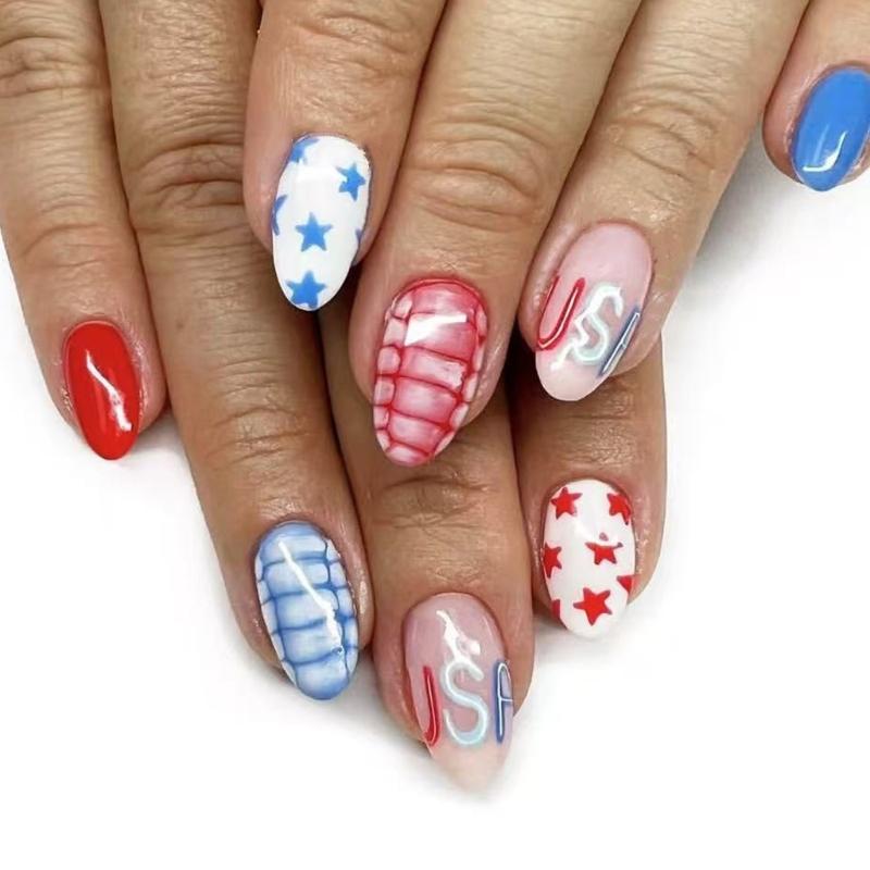 

4th Of July French Tip False Nail With Patriotic Design Press on Nail Acrylic Nail For Independence Day Celebrations 1