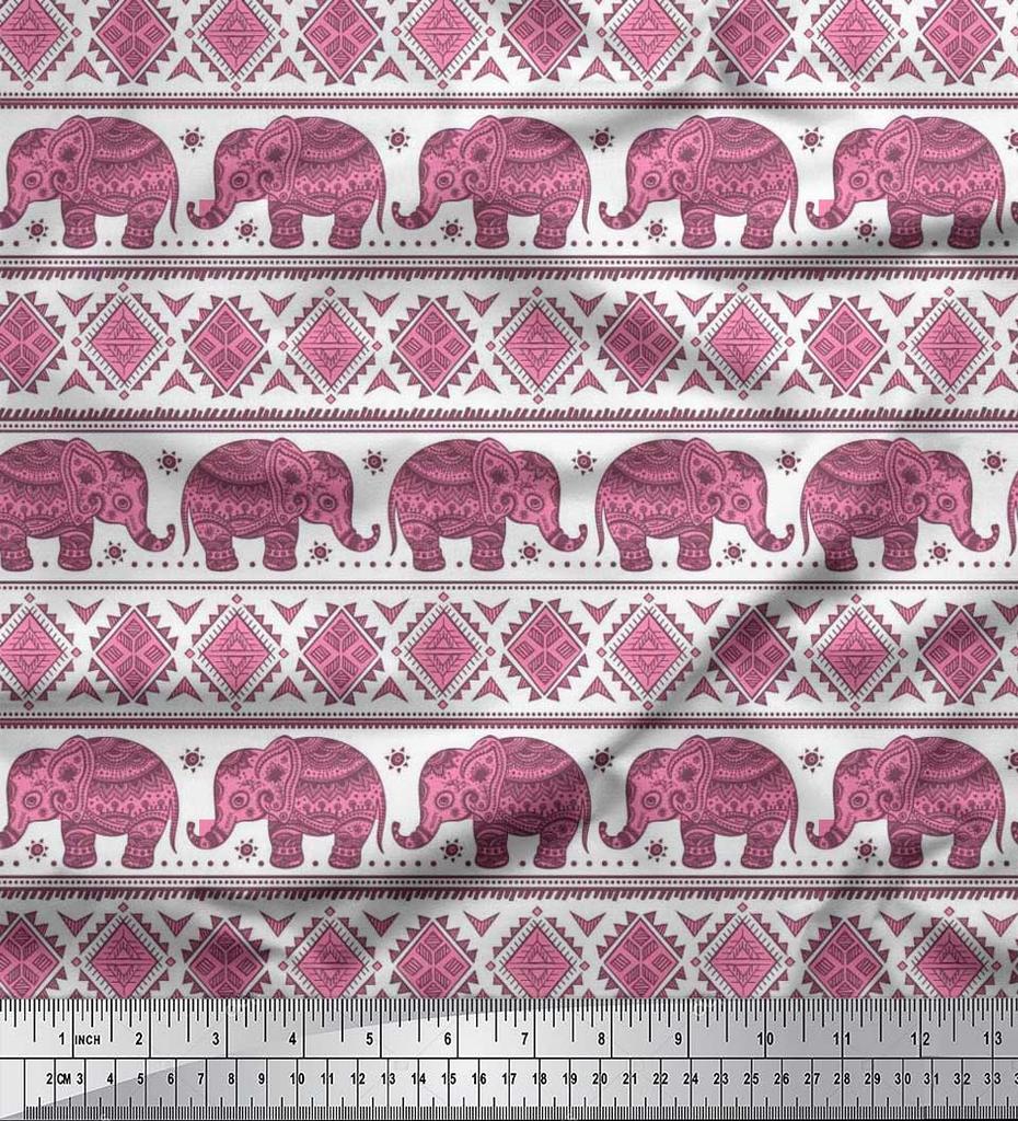 Soimoi Japan Crepe Satin Fabric Aztec & Tribal Elephant Ethnic Print Sewing Fabric Metre 42 Inch