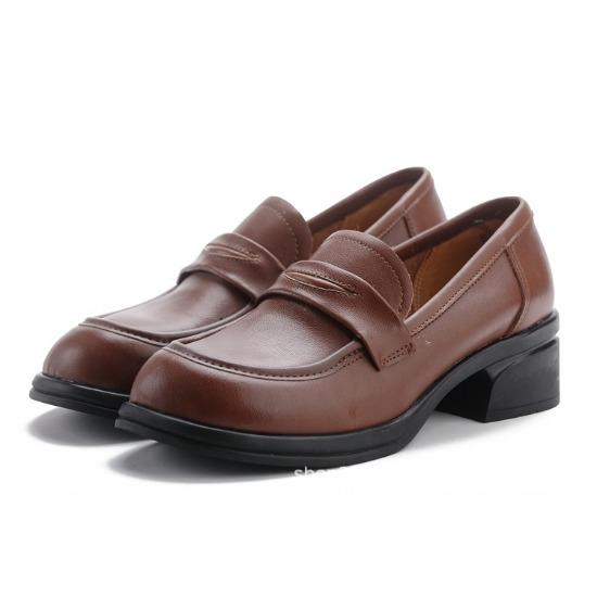 Cowhide Loafers Women's Shoes Genuine Leather Low Top Thick Heel Medium Heel Soft Sole Round Head Comfortable and Versatile Casual Office
