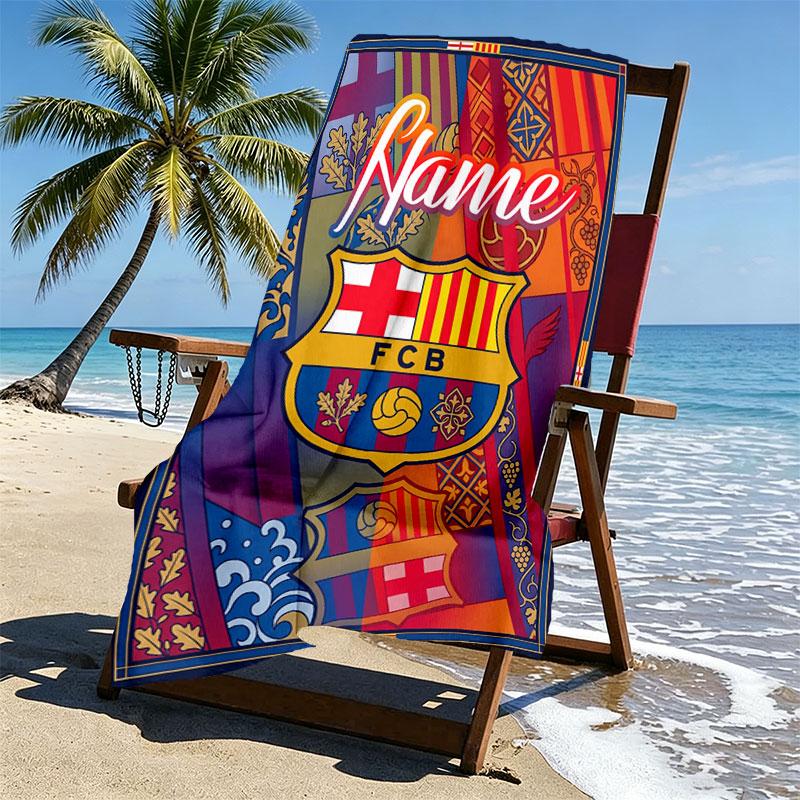 Serviette de Plage Personnalisée avec Nom Club de Football Barcelone, pour Voyage Camping Fête à la Plage Décoration Intérieure, Cadeau d'Anniversaire pour la Famille et les Amis