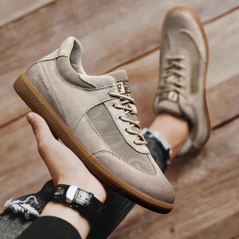 Men's Pigskin Mesh Surface Work Shoes Rubber Soft Sole Lace Up Casuals Platform Solid Color Board Shoes Non-slip Durable Casuals