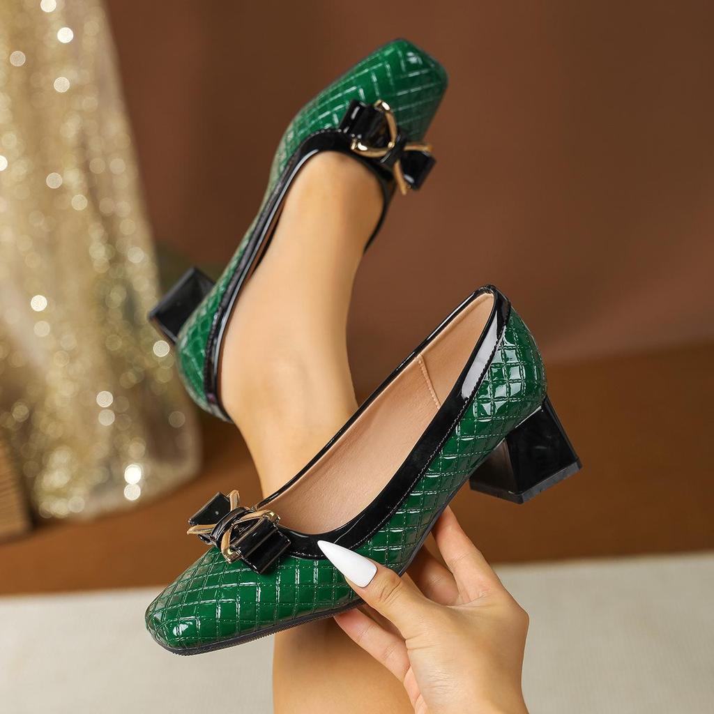 25DX Women's European-American Patent Leather High Heels - Shallow Mouth Floral Pattern, Square Toe, Chunky Heel, Plus Size 43