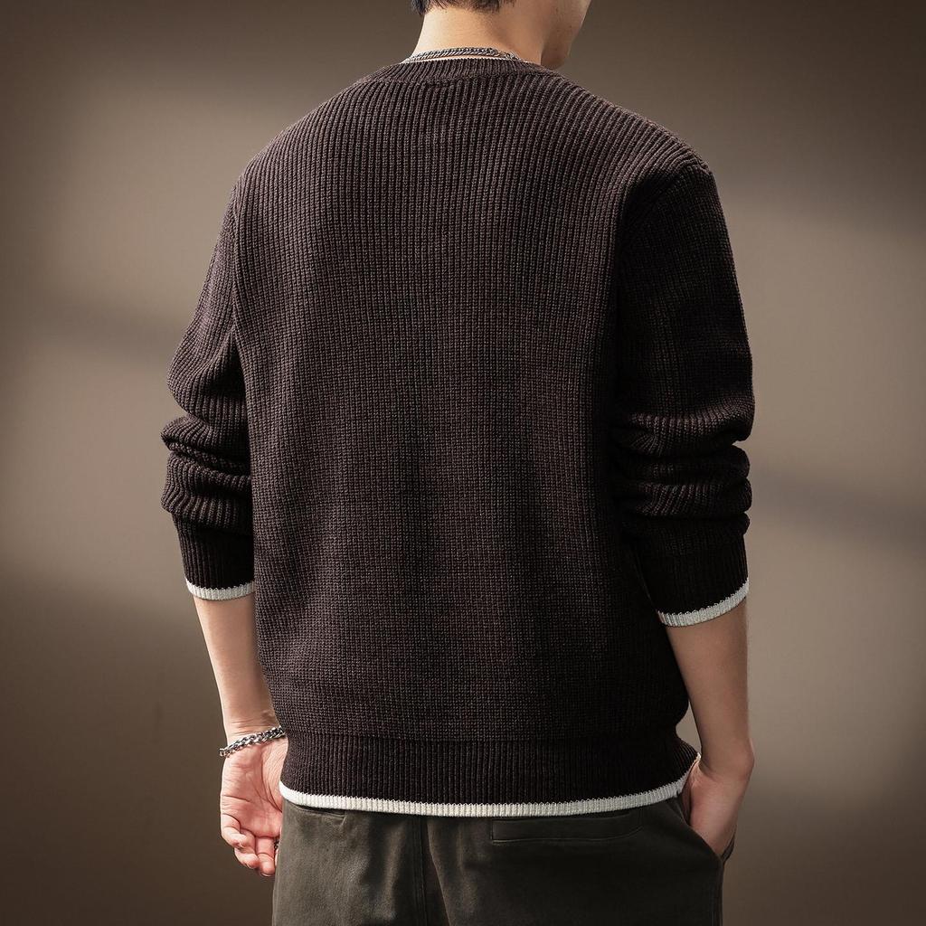 Men's Retro Two-Piece Look Color Block Ribbed Knit Sweater, Autumn Winter Casual Loose Henley Collar.