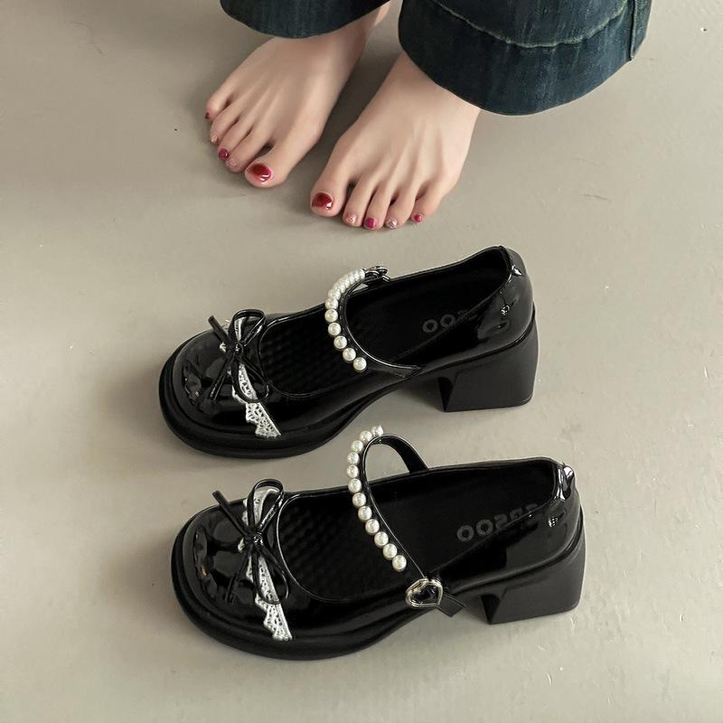Versatile Retro Bow High-heeled Mary Jane Shoes Women's Summer Fashion Casual Pearl One-word Thick-soled Thick-heeled Single Shoes