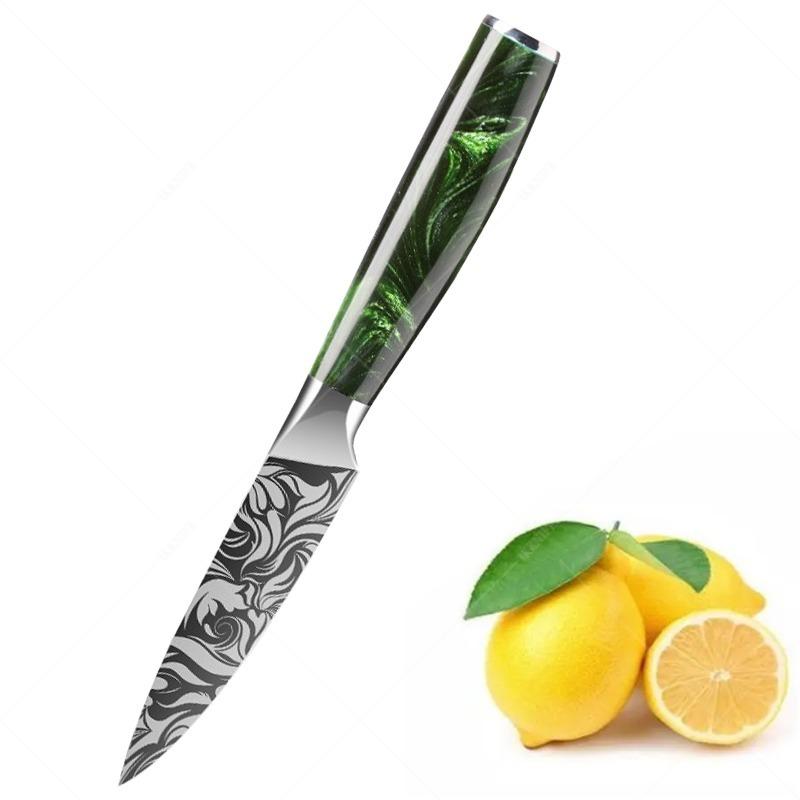 

Нож для чистки фруктов с нежным узором, многоцелевой нож из нержавеющей стали, ручка из зеленой смолы, кухонный нож для дома 1 pcs