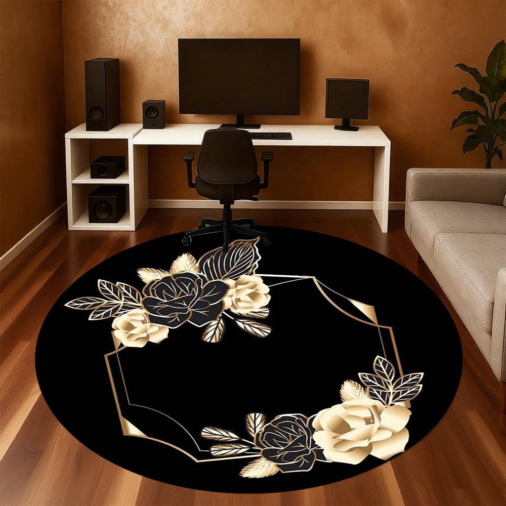 1PC Floral Frame Black and Gold Office Round Area Rug, Under Office Chairs Bedroom Living Room Home Decor,Carpet for Office, -1110282