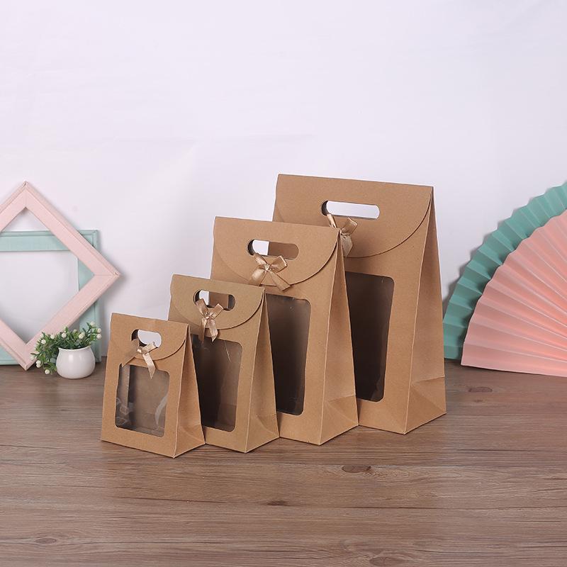 

Windowed Kraft Paper Gift Bag with Bow Snap Closure Small Kraft Paper; 12*6*16cm