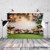 2D White Brick Wall with Flowers, Lanterns & Green Grass Studio Background
