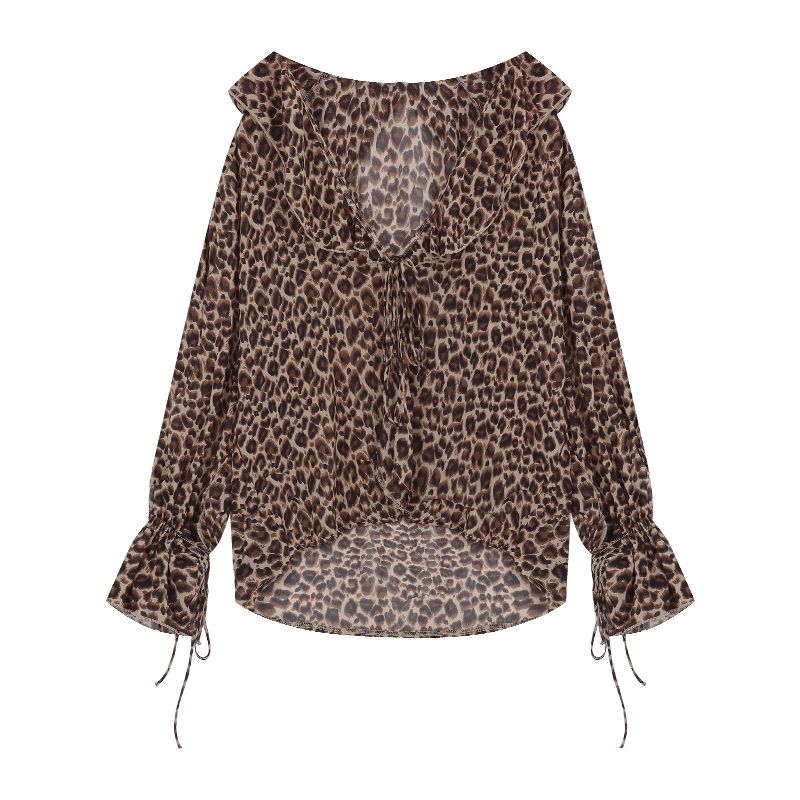 Kumikumi American Style Sexy Leopard Print Ruffles Shirt Women Early Autumn Stylish Mid Length Long Length off-the-Shoulder Sun Protection Top