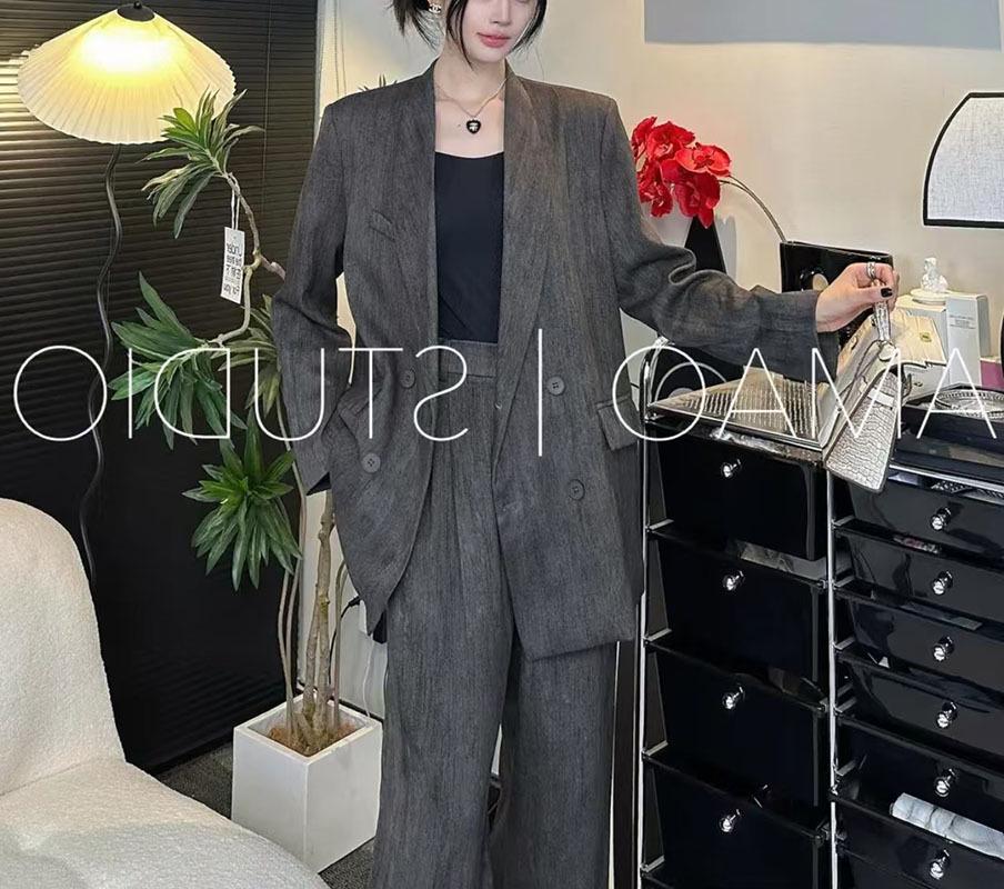Autumn Plus-Size Women's Linen Suit: Wide-Leg Pants Two-Piece Korean Style