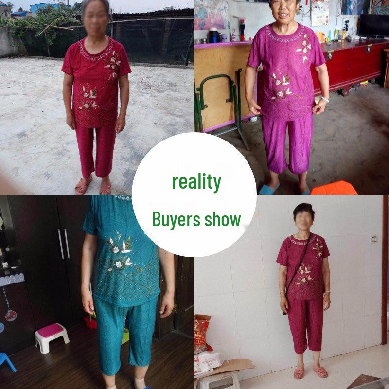 2024 Summer Plus-Size Imitation Ice Silk Two-Piece Suit for Middle-Aged & Elderly Women
