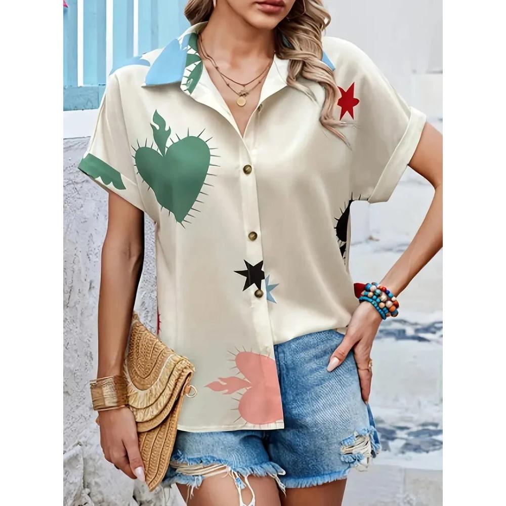Summer 2025 Women Shirts Lapel Short Sleeve Abstract Cartoon Portrait Prints Blouses Fashion Casual Cute Cat Print Shirts Tops