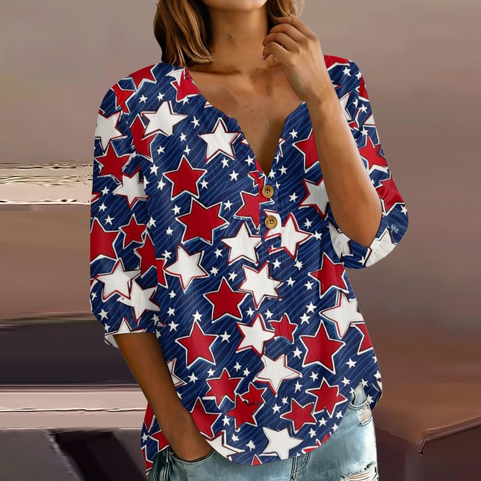 Women s Henley Neck Button Front Shirt 3/4 Sleeve Cotton Linen Blend Casual Top with Star Print Loose Fit S