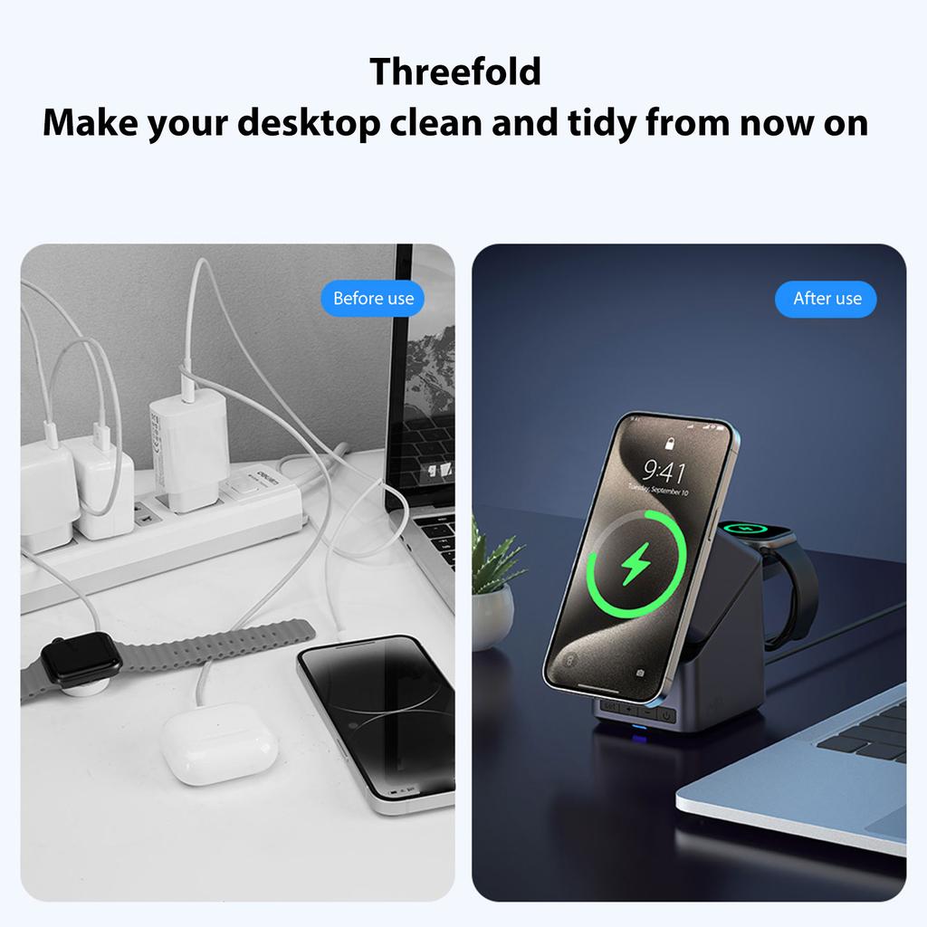 4 in 1 Wireless Charger with 180 degrees  Auto Rotation Watch Charging Station HD Display Clock Smart Trickle Charging