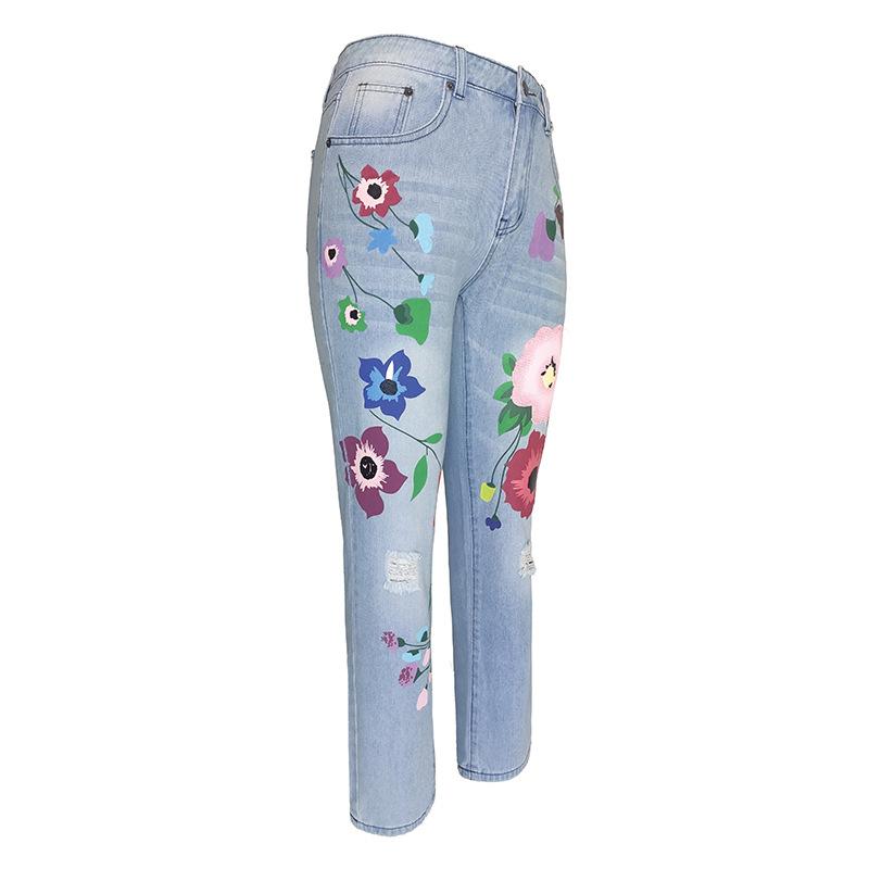 Herbst Damen Bedruckte Zerrissene Mode Unelastische Jeans Gerade Hosen