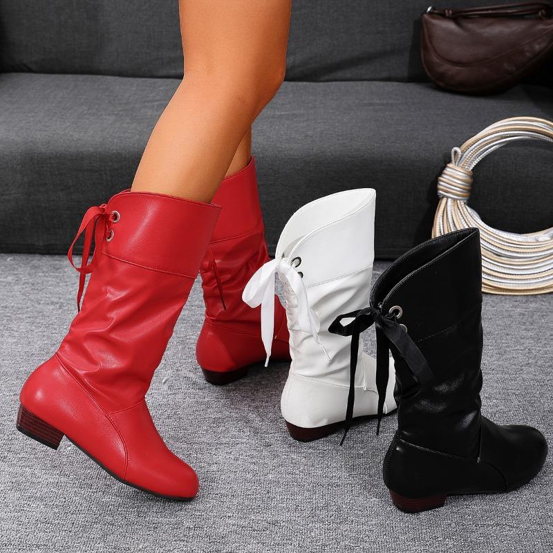 Western Shoes for Women Versatile Chunky Heel Ankle Boots Knee High Red Black Tall Boots Woman Pleated Low Heel Women's Boots