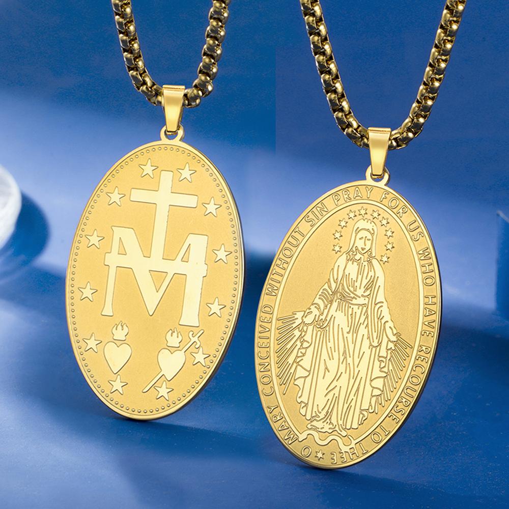Dawapara Religious Virgin Mary Double Sided Carved Necklace Catholic Mother of God Pendant Stainless Steel Jewelry