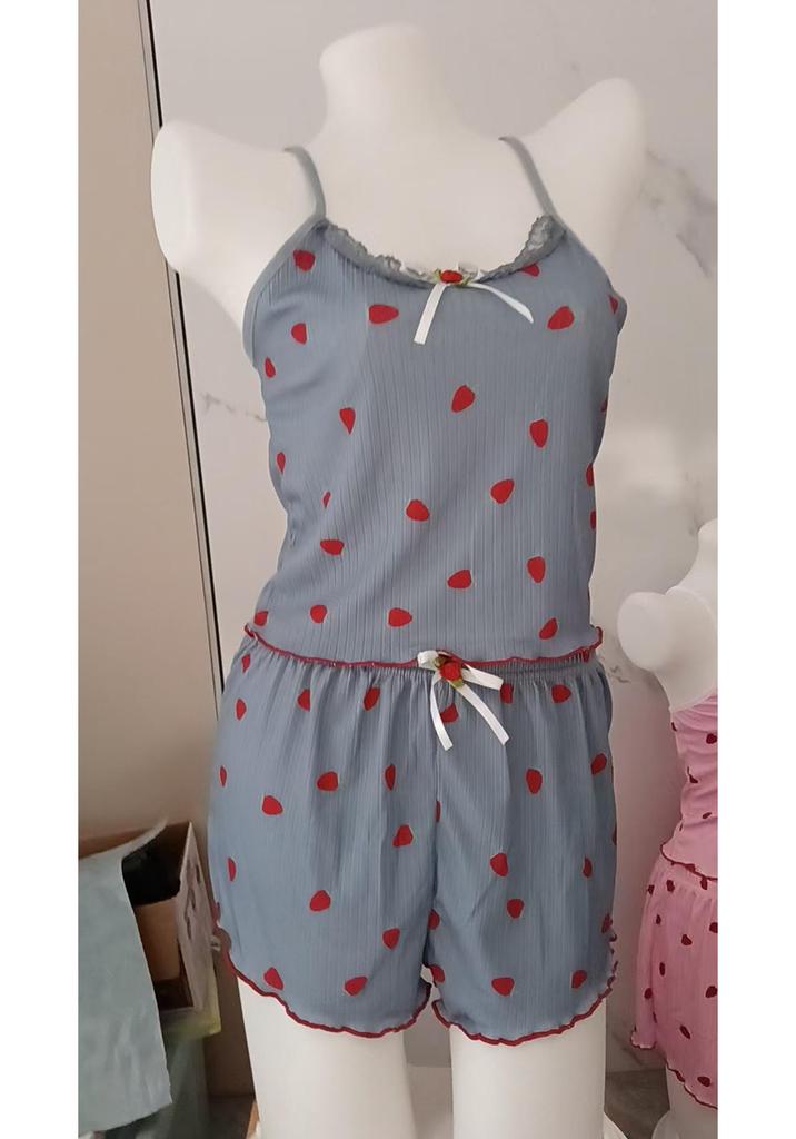 Women's Strawberry Print Lace Trim Pajama Set - Ribbed Camisole & Shorts