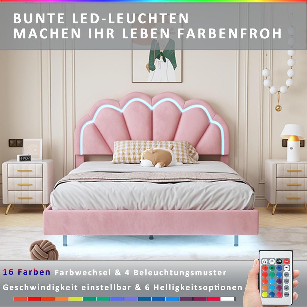 Polsterbett 140x200cm mit Bettbank mit Stauraum, Bett mit LED-Beleuchtung, für Jugend, Erwachsene, Samtstoff, Rosa (Ohne Matratze)