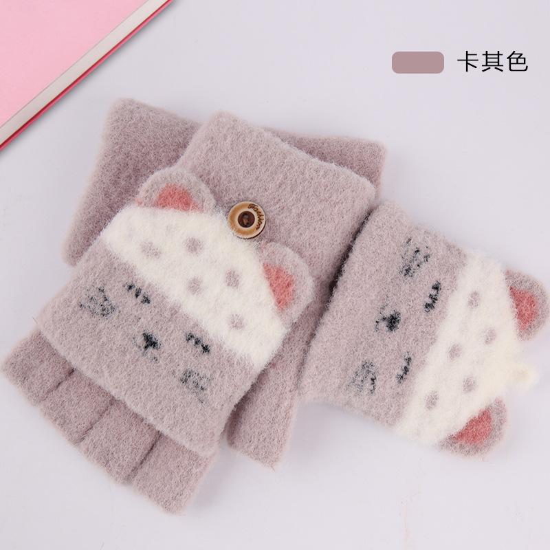 Children's half-finger flip gloves, primary school students write cute cartoon autumn and winter piled thickened warm wool gloves