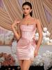 Pink Satin Pleated Twisted Slit Corset Bodycon Party Gown